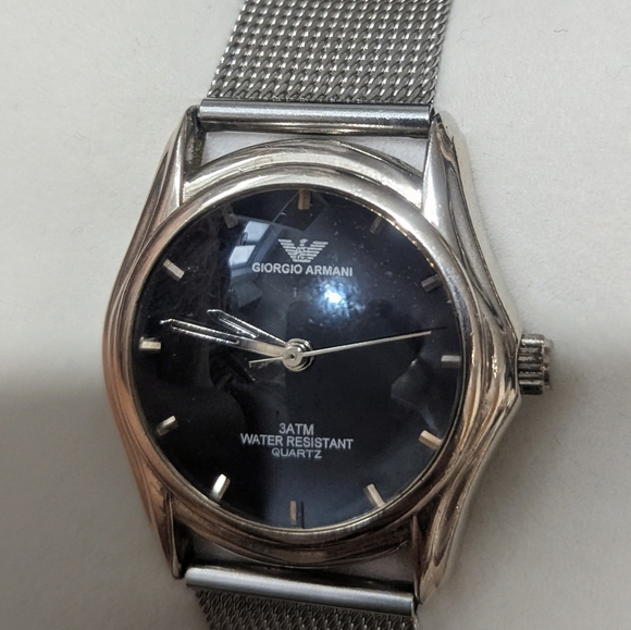 Giorgio Armani Silver Mesh Bracelet Watch with Black Dial